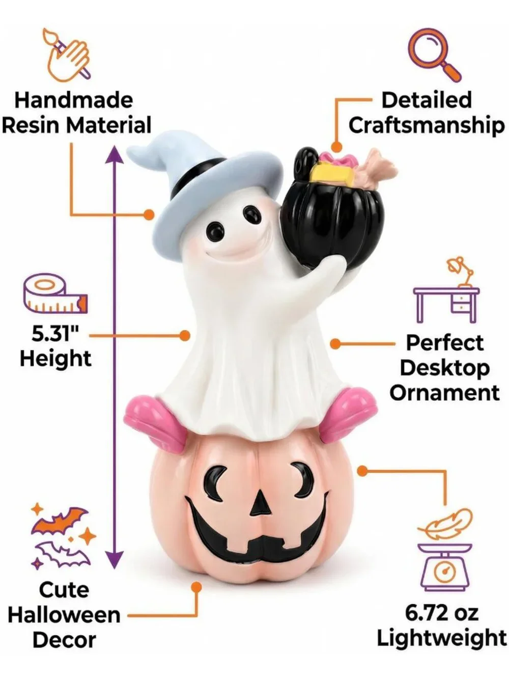 Multicolor Halloween Ghost Or Pumpkin Figurine Witch Hat Cute Resin Spooky Décor